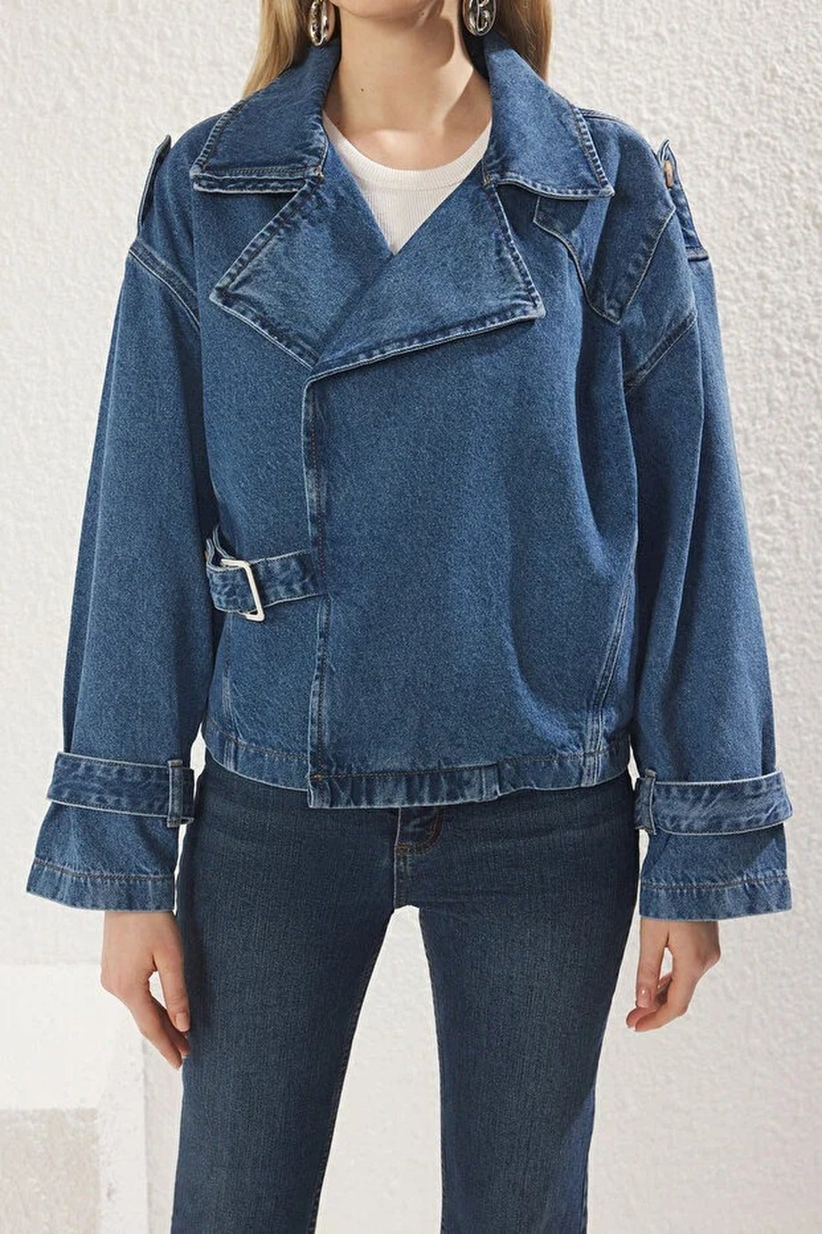 Double-Breasted Oversize Denim Blazer Jacket with Belt Buckle