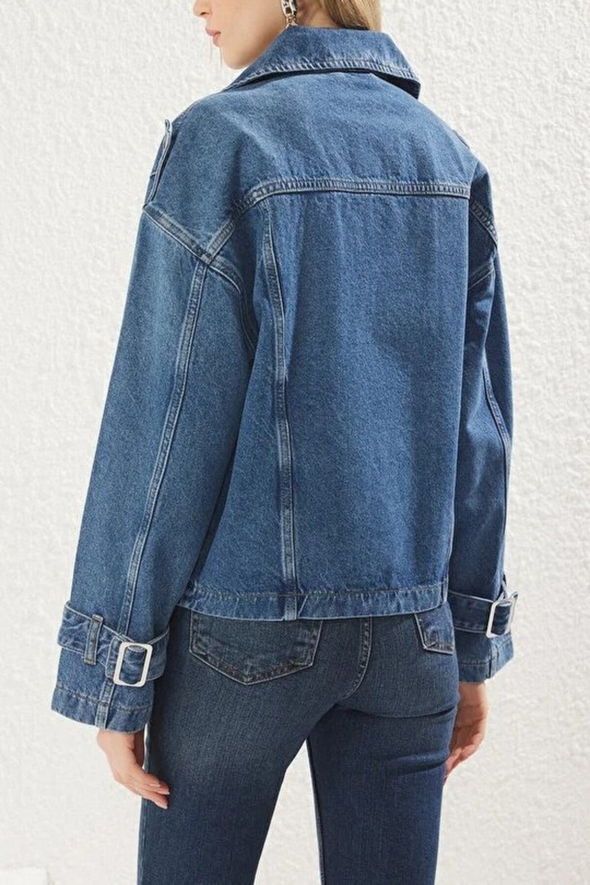 Double-Breasted Oversize Denim Blazer Jacket with Belt Buckle
