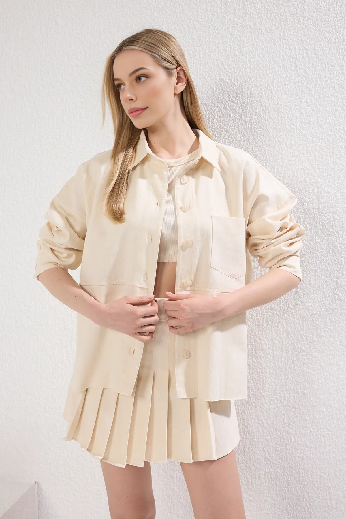 Regular Gabardine Jacket with Lace Back Detail and Pockets