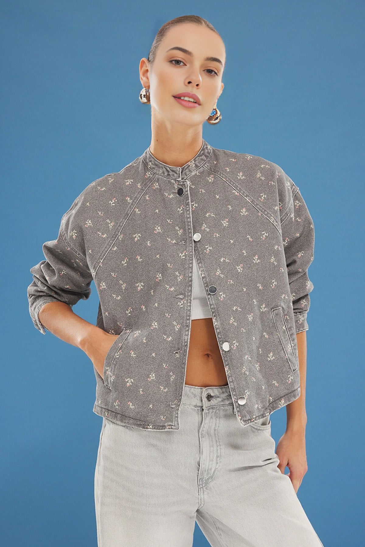 Floral Pattern Denim Bomber Jacket