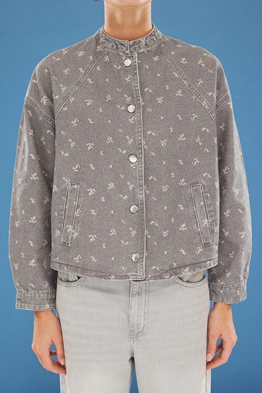 Floral Pattern Denim Bomber Jacket