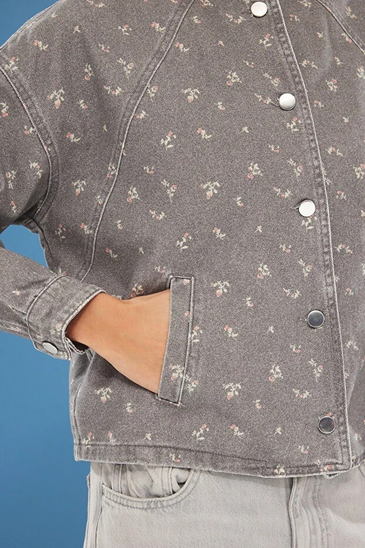 Floral Pattern Denim Bomber Jacket