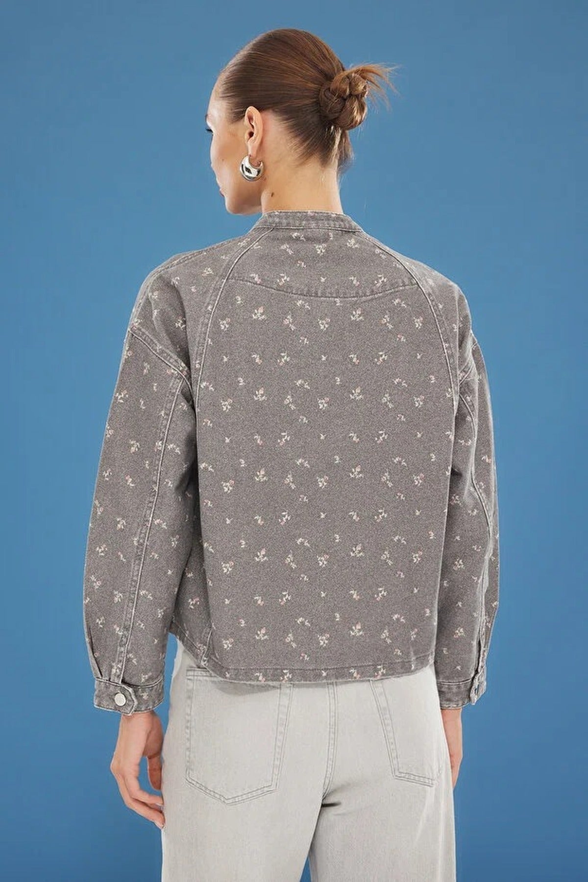 Floral Pattern Denim Bomber Jacket