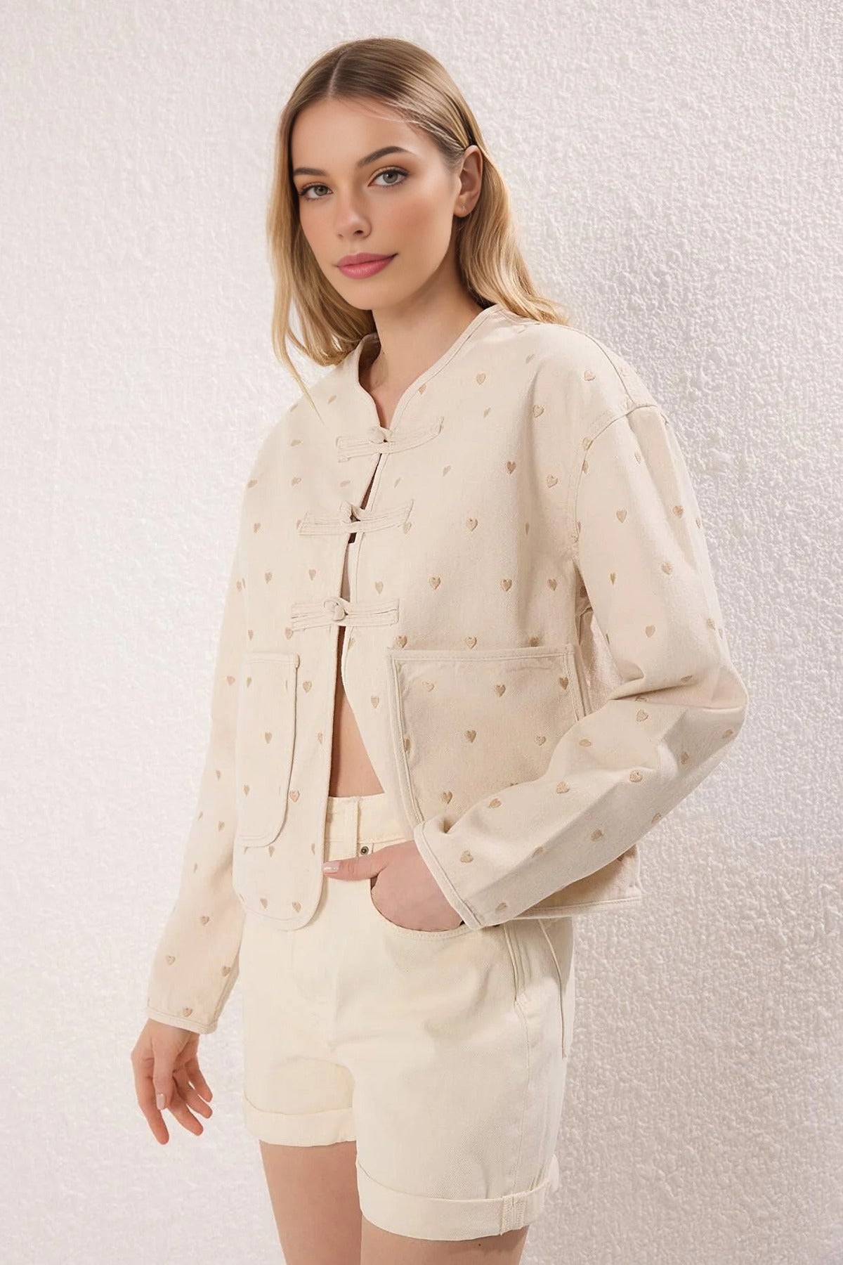 Denim Jacket with Heart Embroidery and Pocket Details