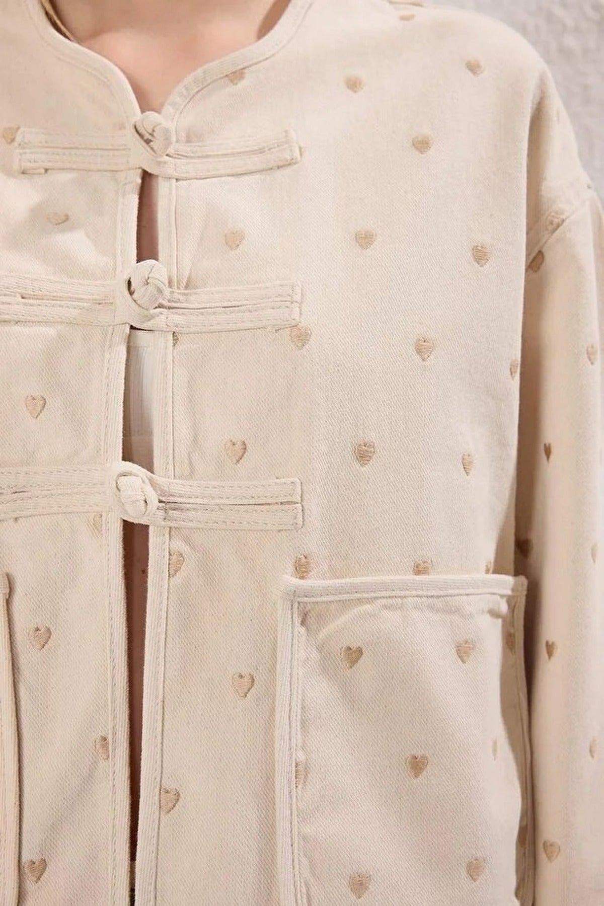 Denim Jacket with Heart Embroidery and Pocket Details