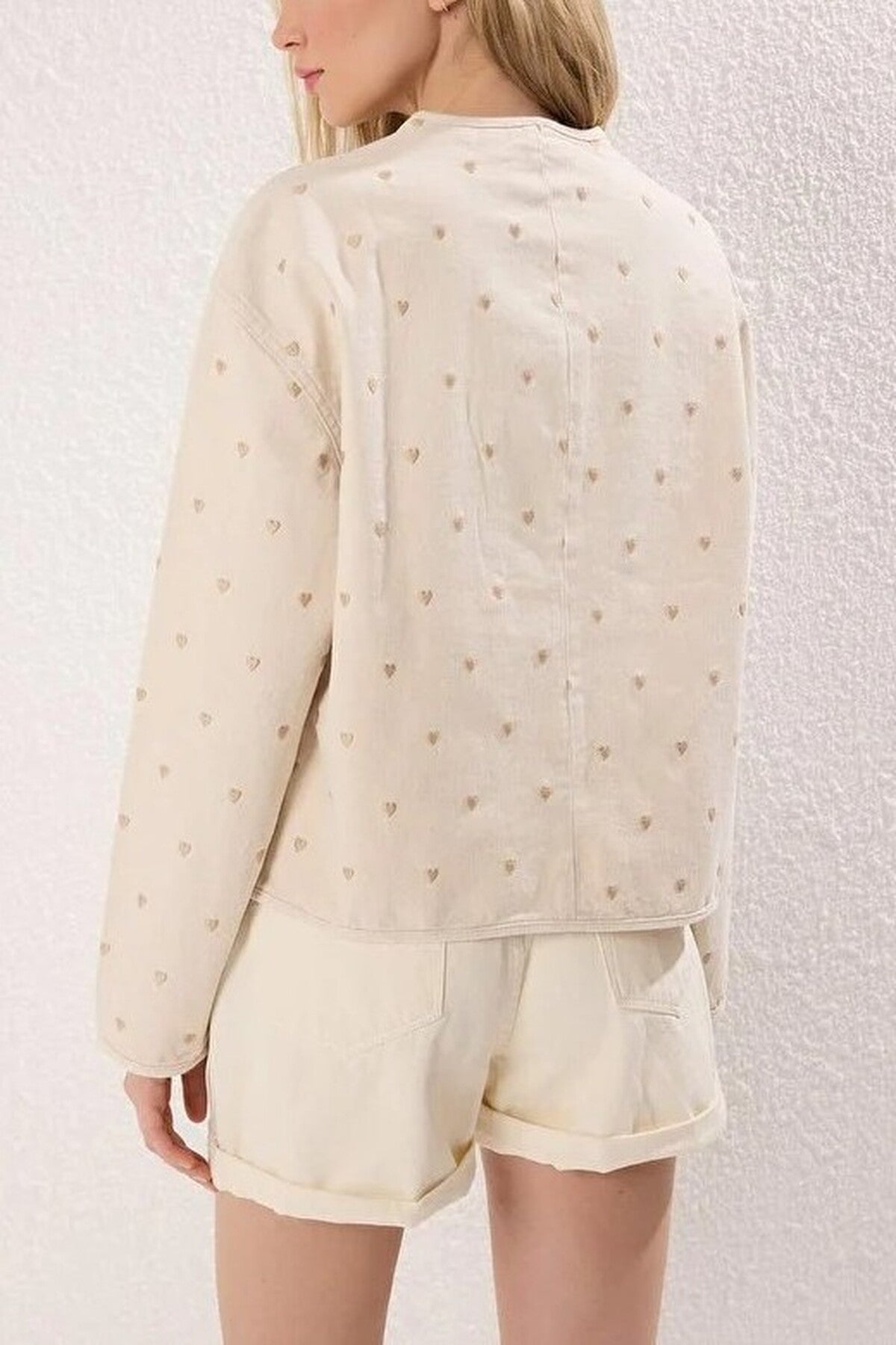 Denim Jacket with Heart Embroidery and Pocket Details