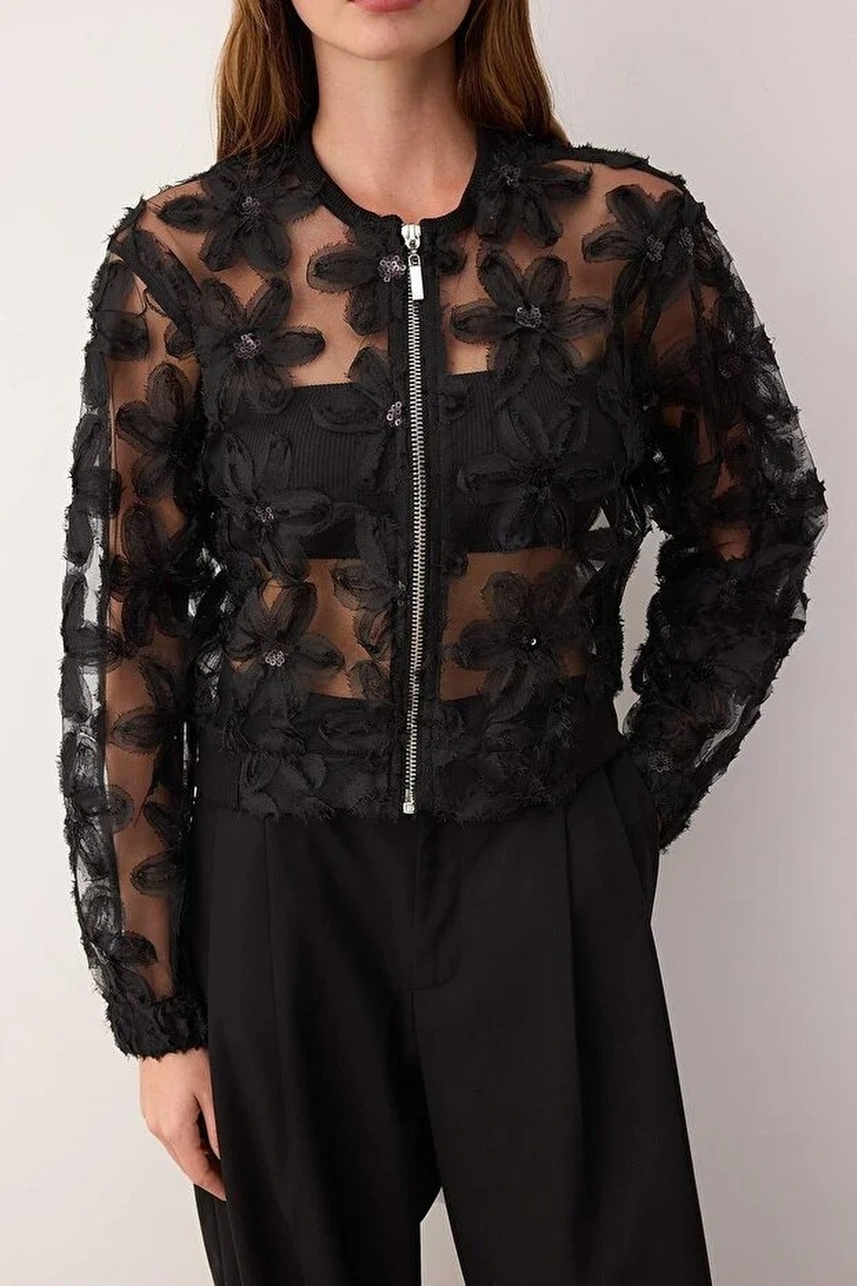 Floral Zippered Woven Bomber Jacket