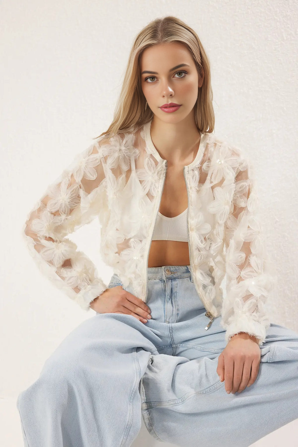 Floral Zippered Woven Bomber Jacket