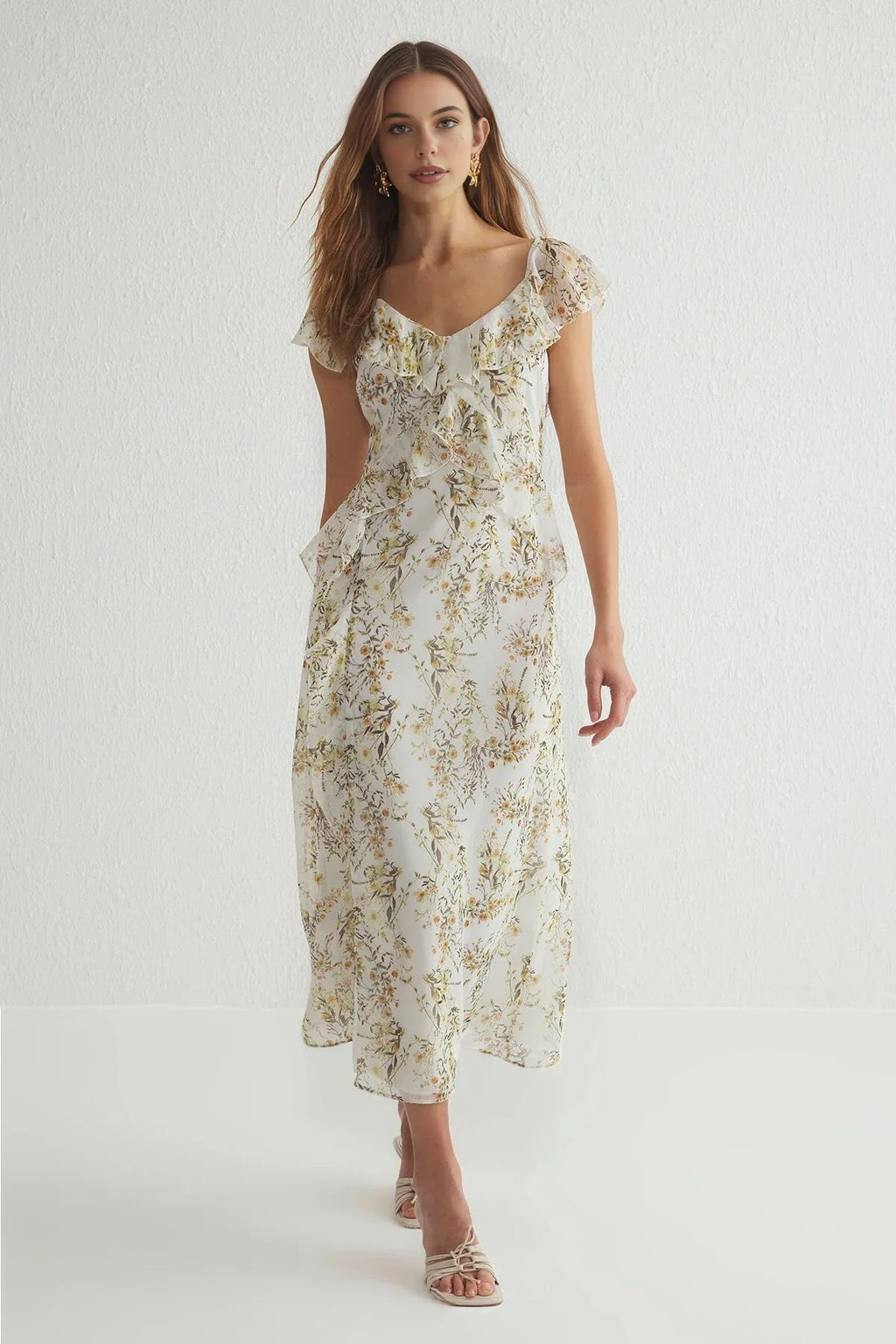 Floral Ruffled A-Line Chiffon Woven Maxi Dress