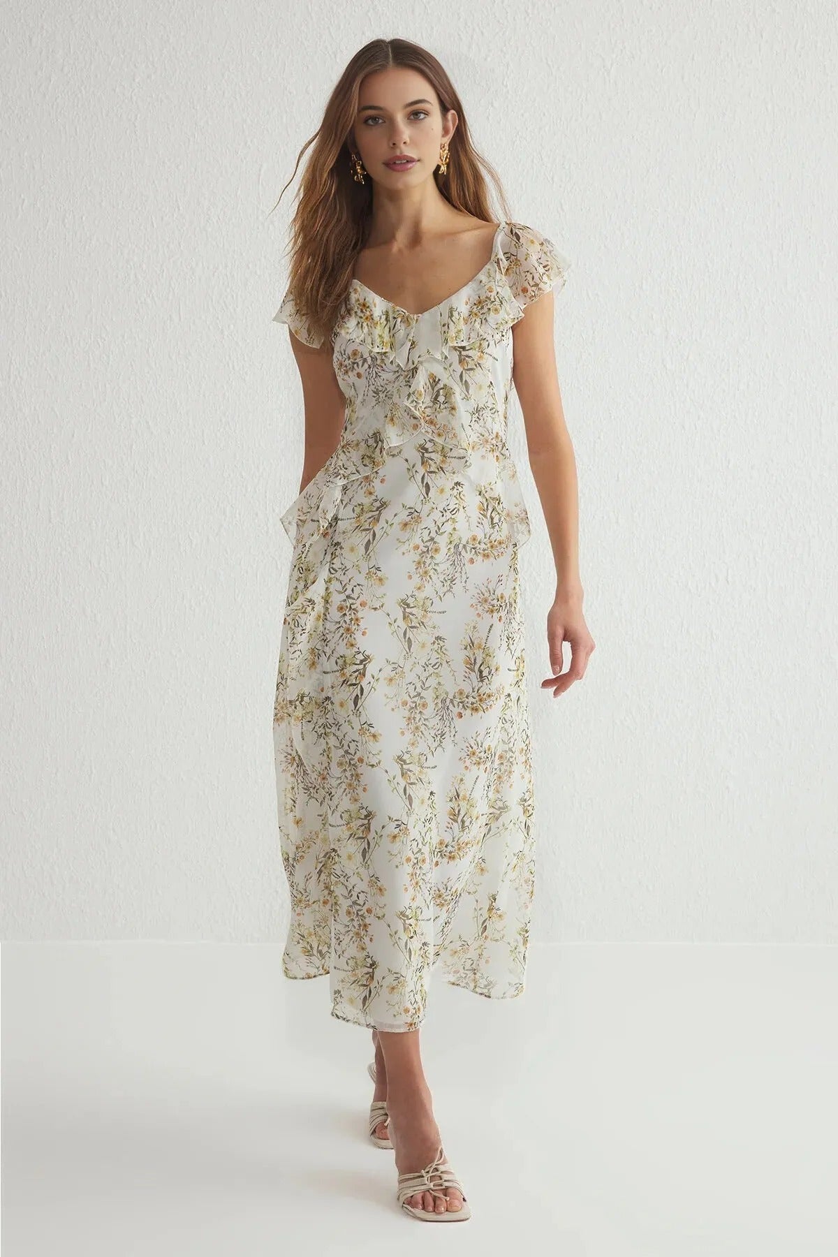 Floral Ruffled A-Line Chiffon Woven Maxi Dress