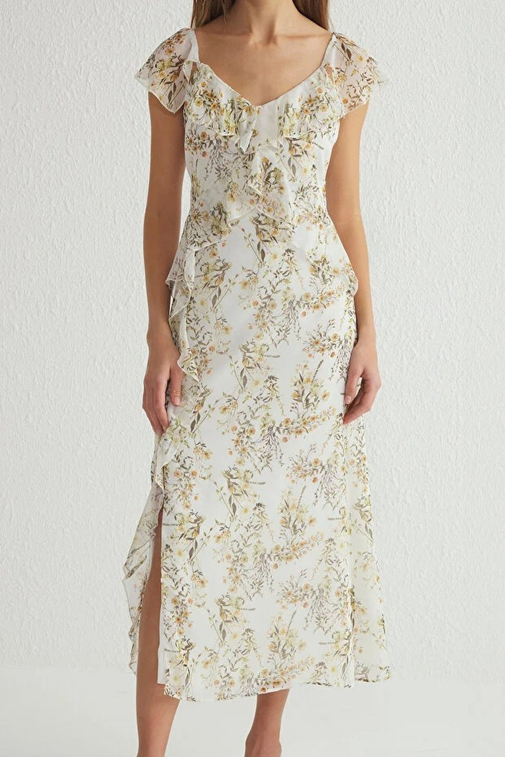 Floral Ruffled A-Line Chiffon Woven Maxi Dress
