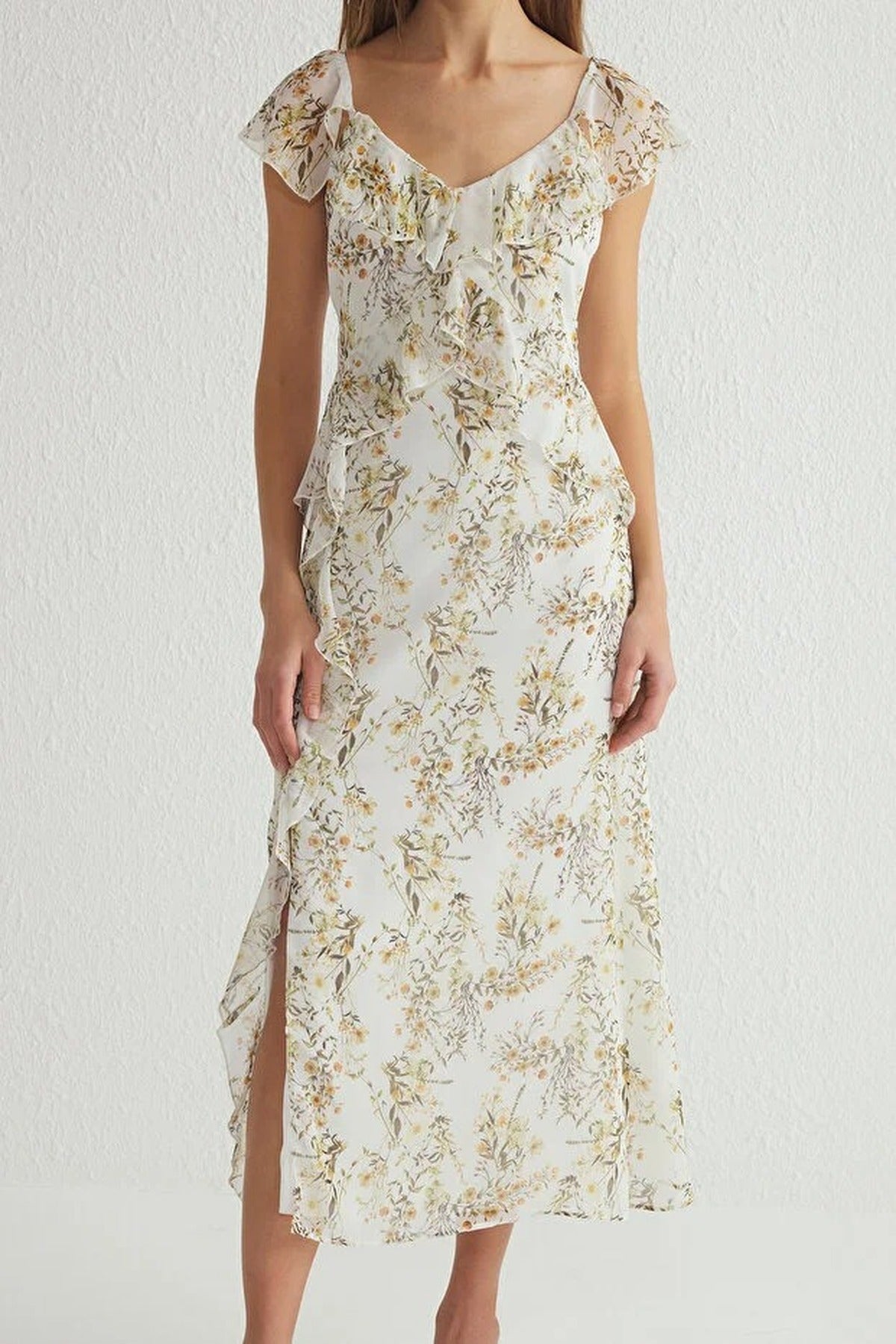 Floral Ruffled A-Line Chiffon Woven Maxi Dress