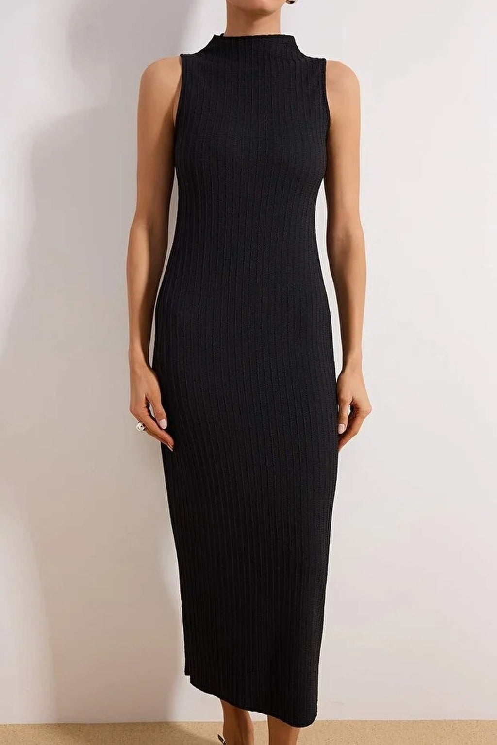 Textured Fabric High Neck Fitted Stretch Maxi Knit Dress