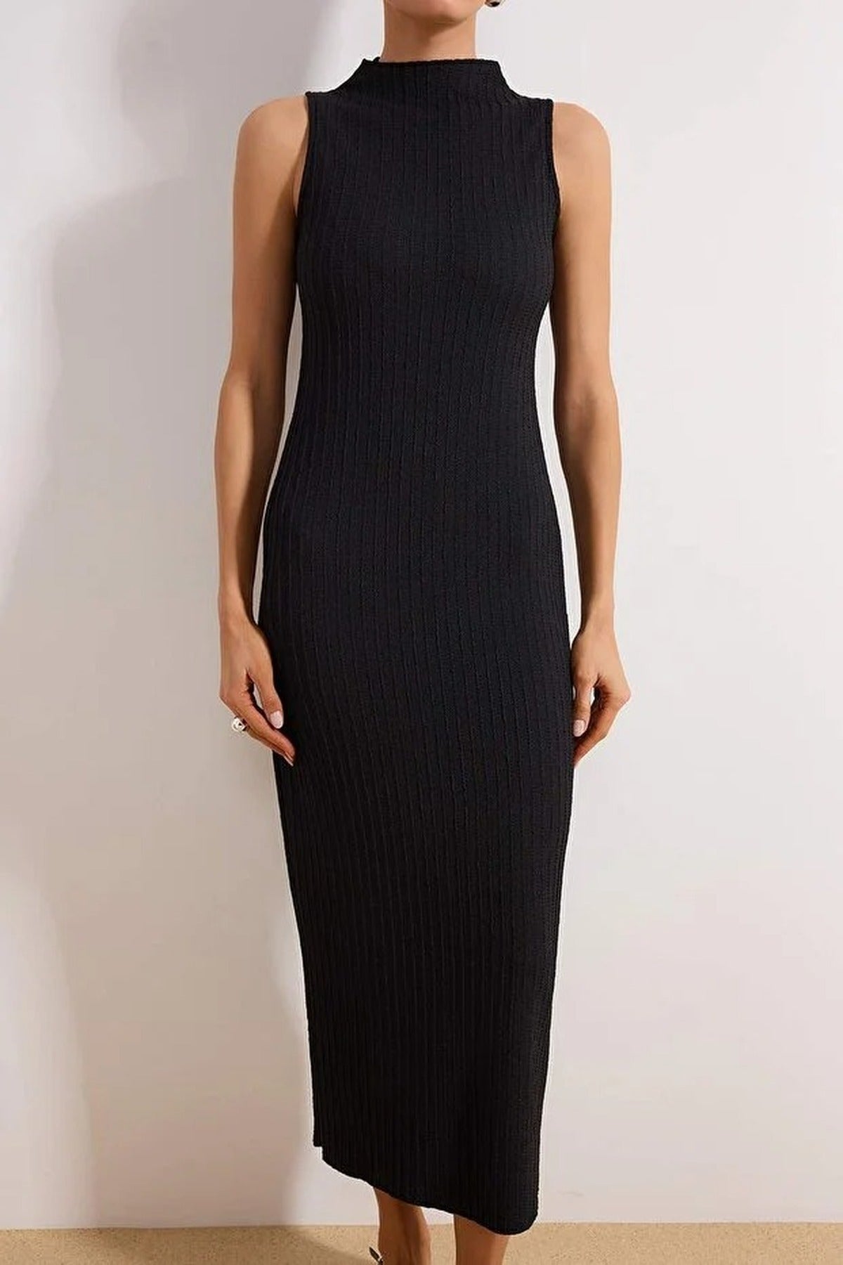 Textured Fabric High Neck Fitted Stretch Maxi Knit Dress