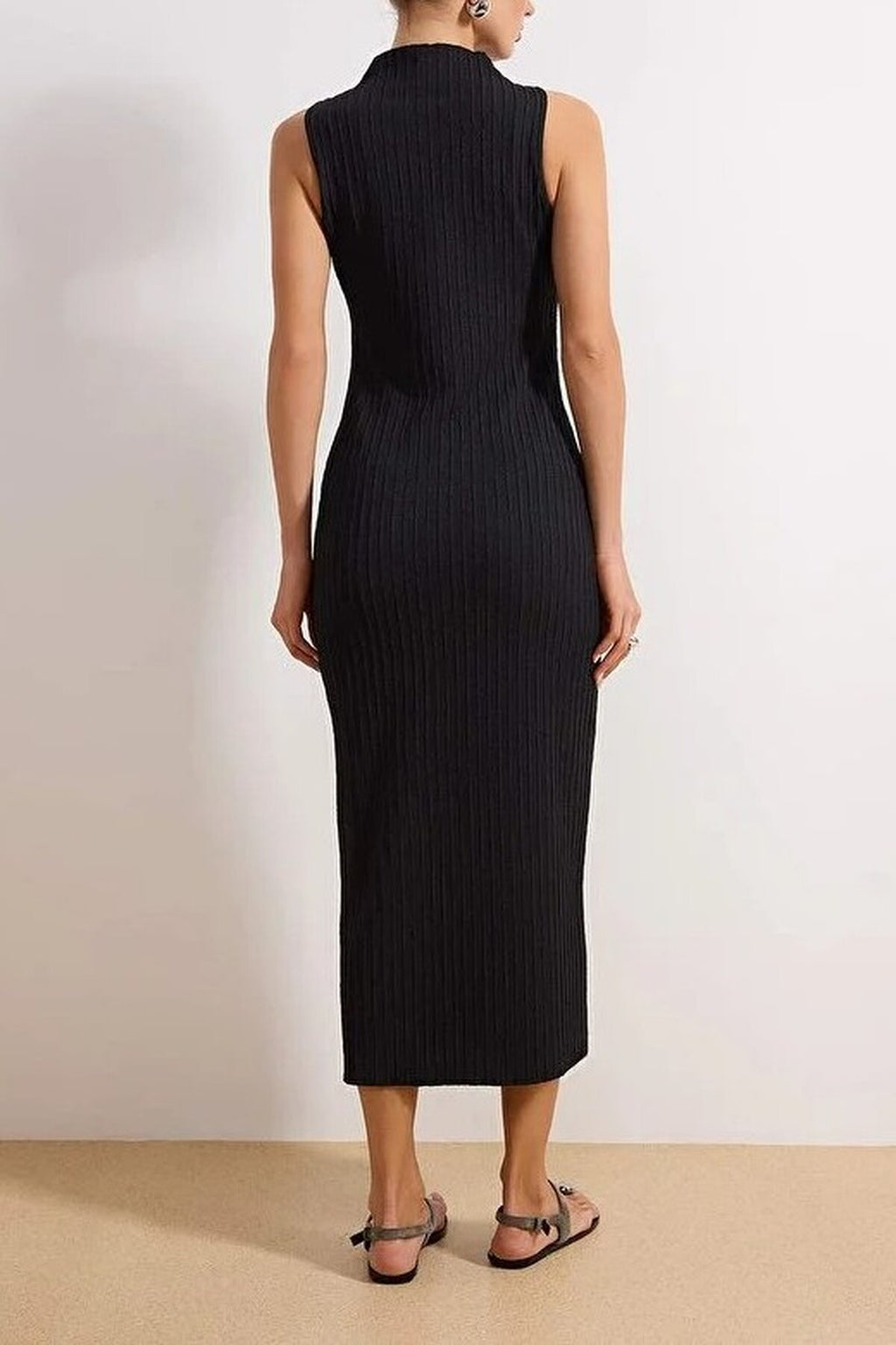 Textured Fabric High Neck Fitted Stretch Maxi Knit Dress