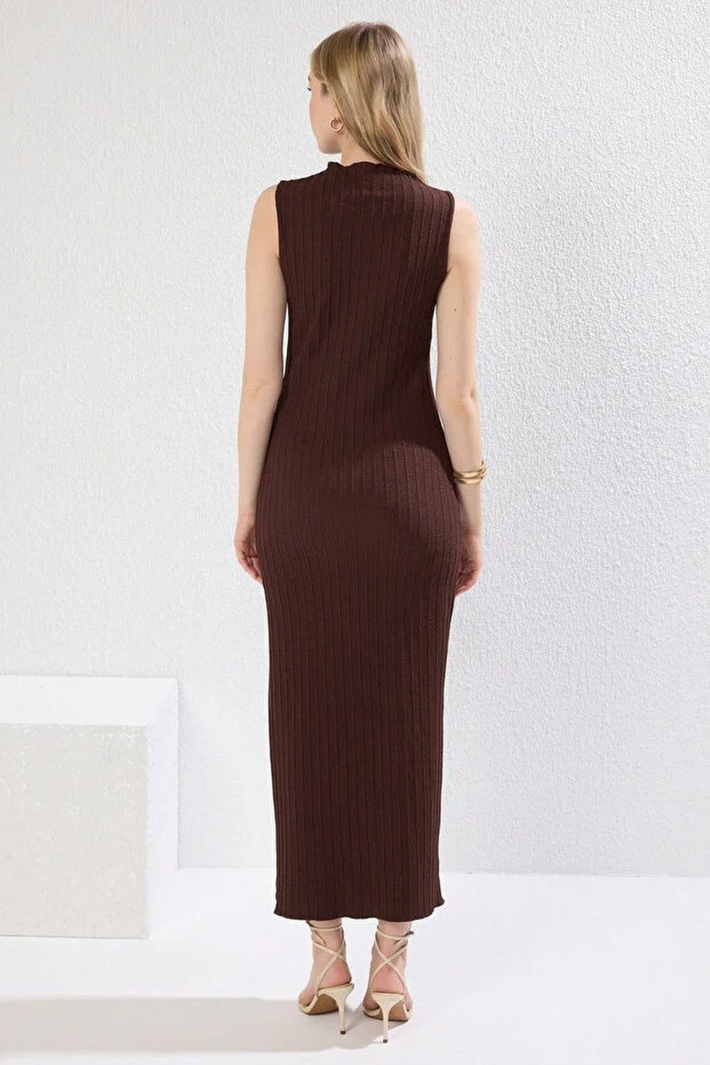 Textured Fabric High Neck Fitted Stretch Maxi Knit Dress