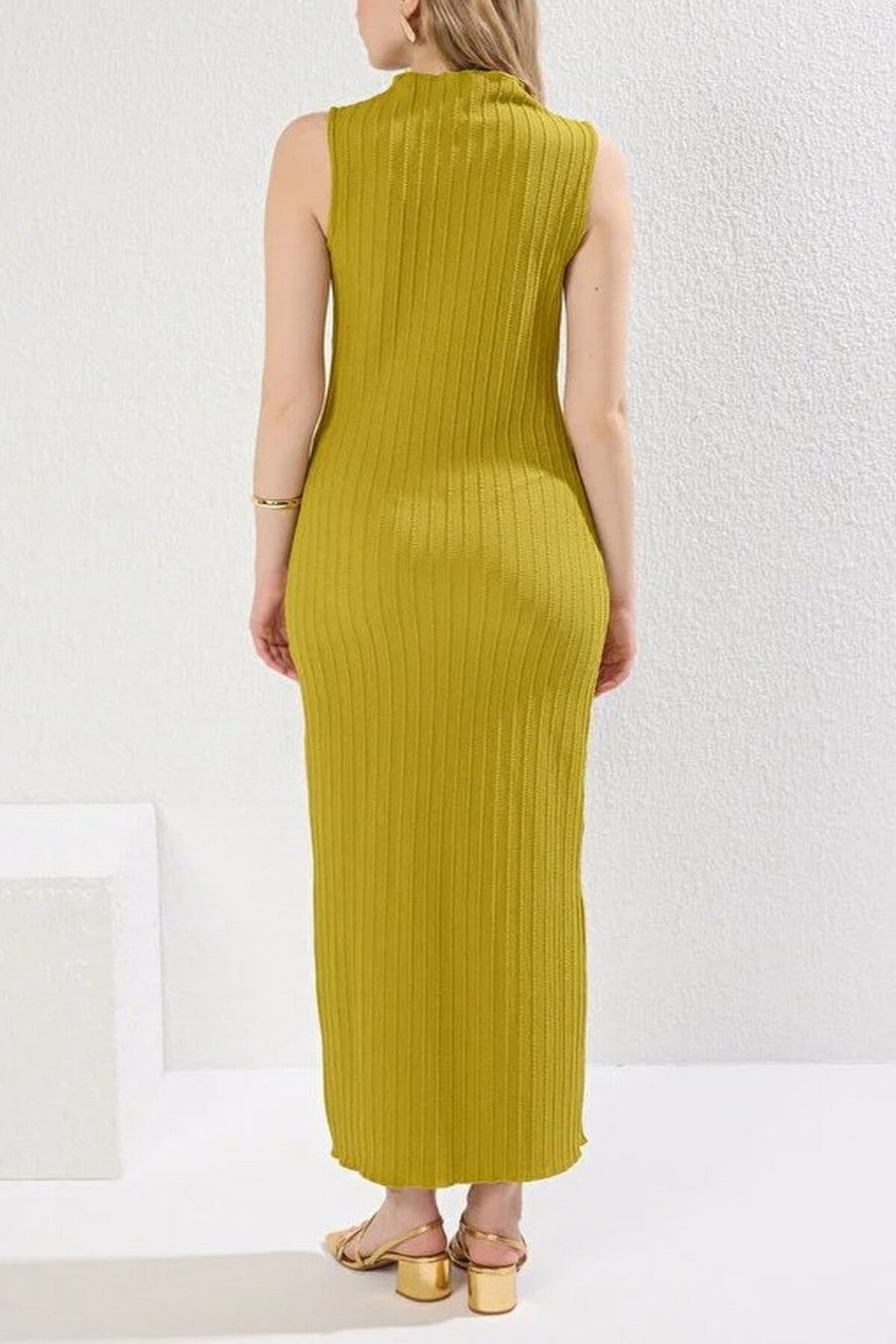 Textured Fabric High Neck Fitted Stretch Maxi Knit Dress