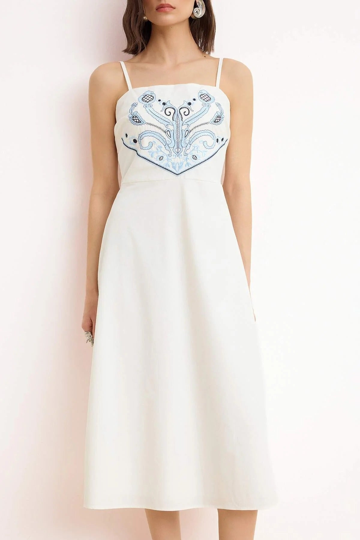 Strappy Embroidered A-Line Midi Dress