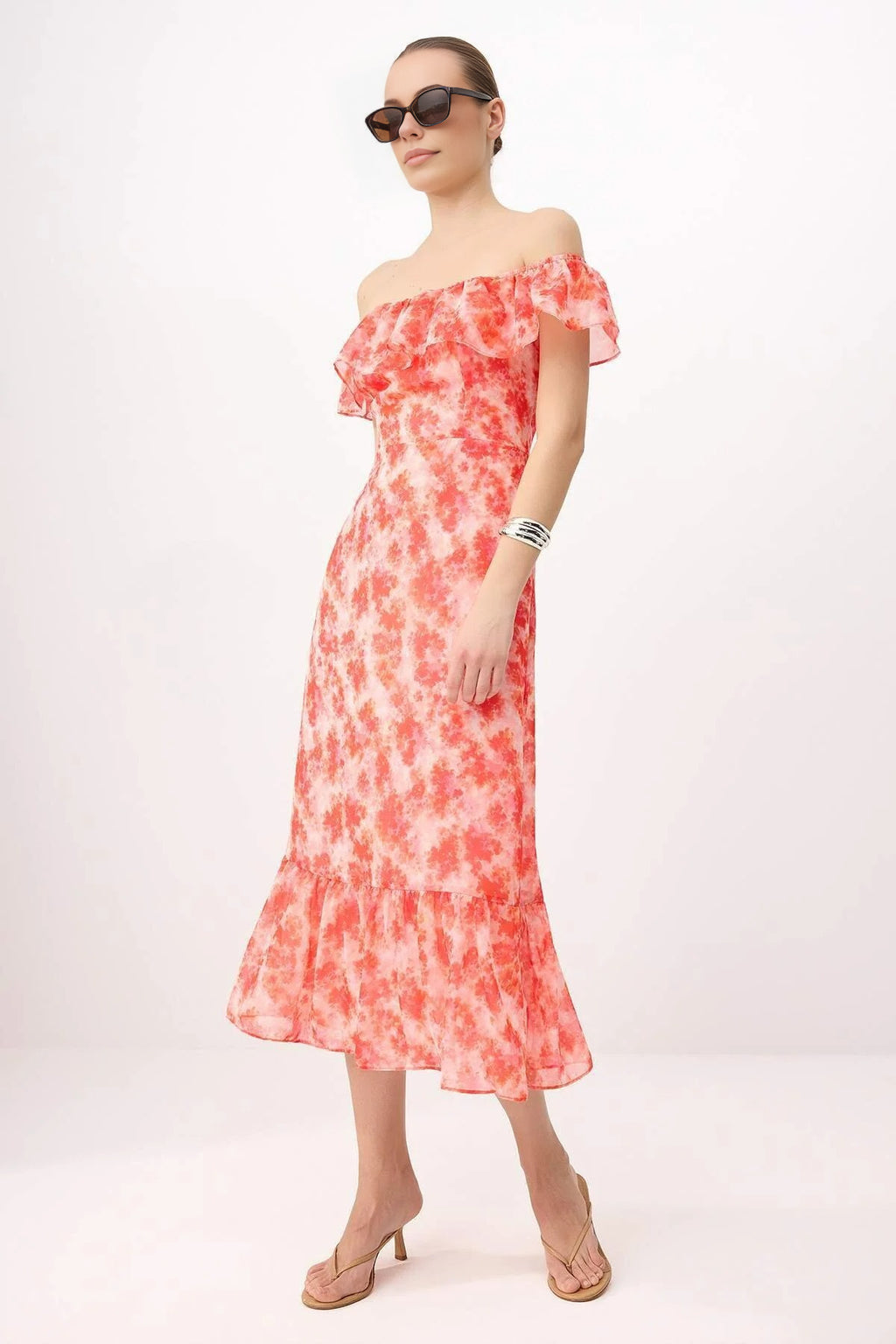 Floral Ruffled Chiffon Flowy Woven Midi Dress