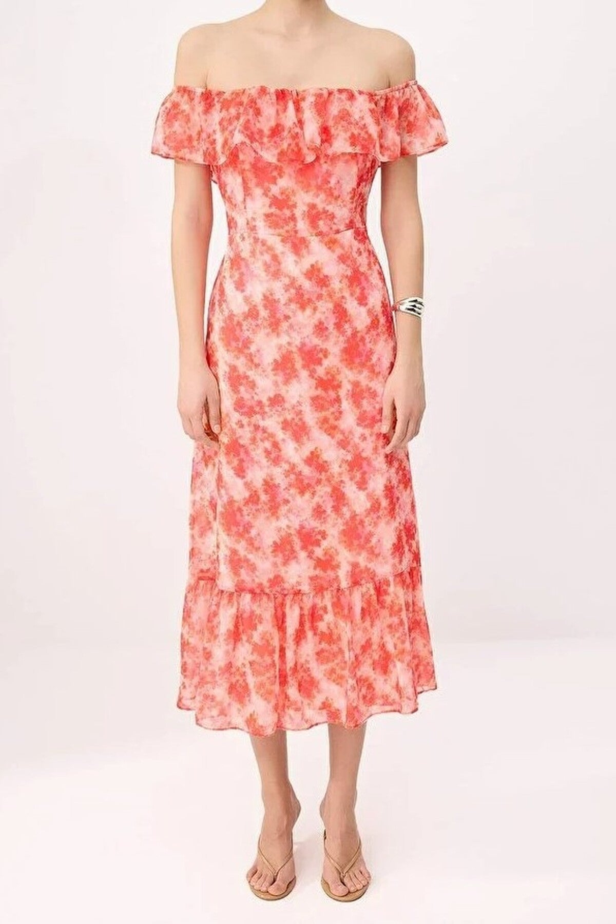 Floral Ruffled Chiffon Flowy Woven Midi Dress