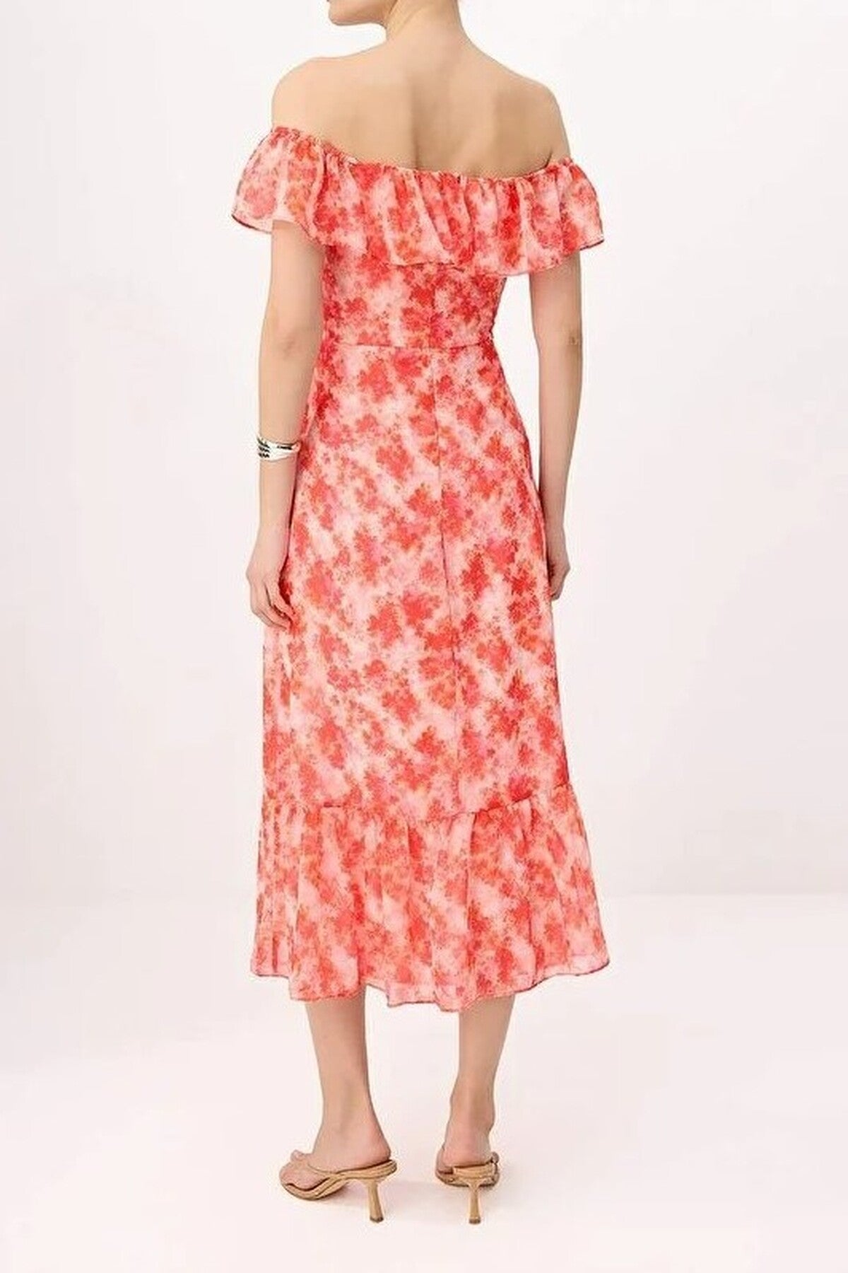 Floral Ruffled Chiffon Flowy Woven Midi Dress