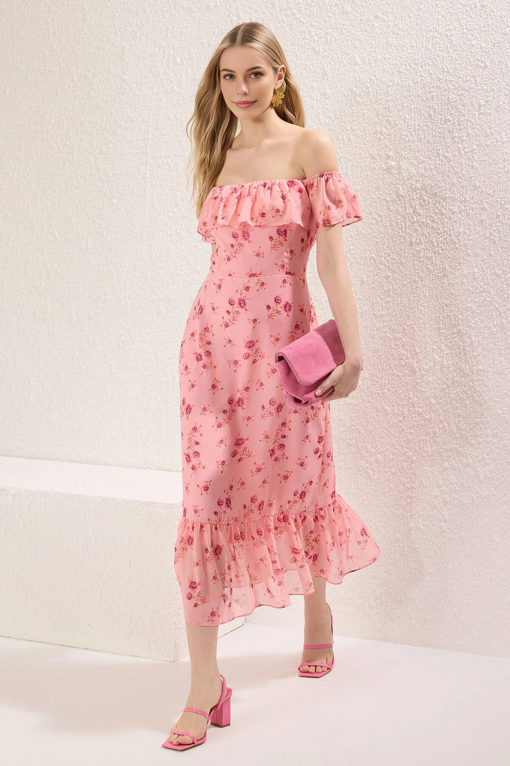 Floral Ruffled Chiffon Flowy Woven Midi Dress