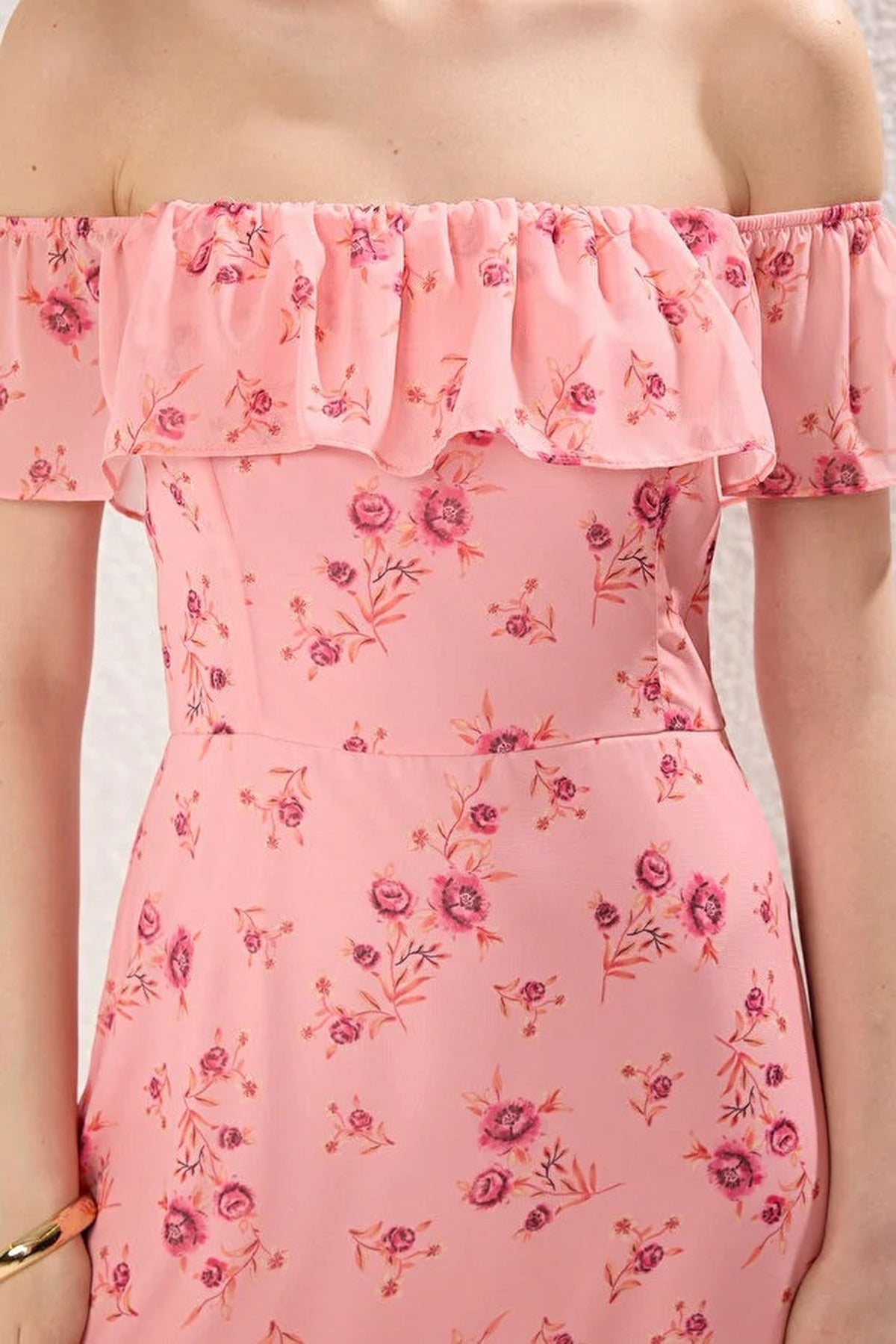 Floral Ruffled Chiffon Flowy Woven Midi Dress