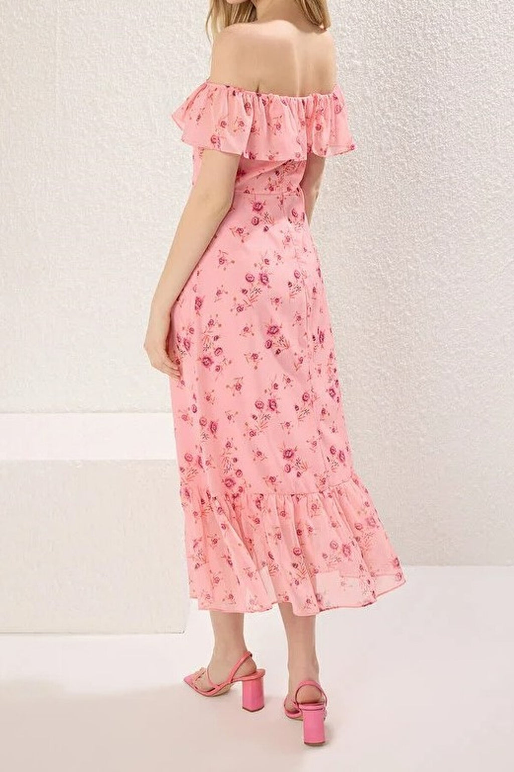 Floral Ruffled Chiffon Flowy Woven Midi Dress
