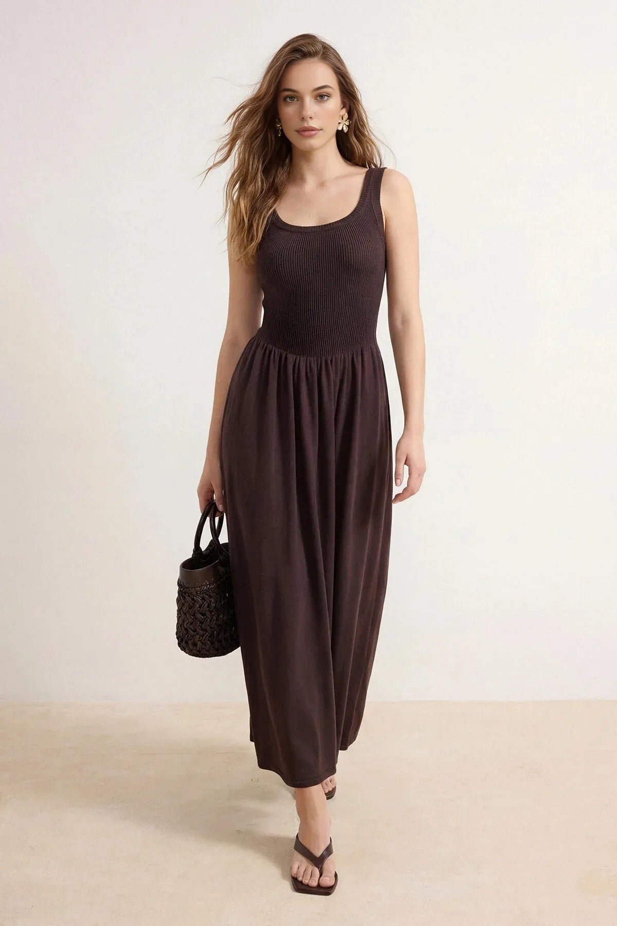 Midi Crew Neck Strappy Knit Dress