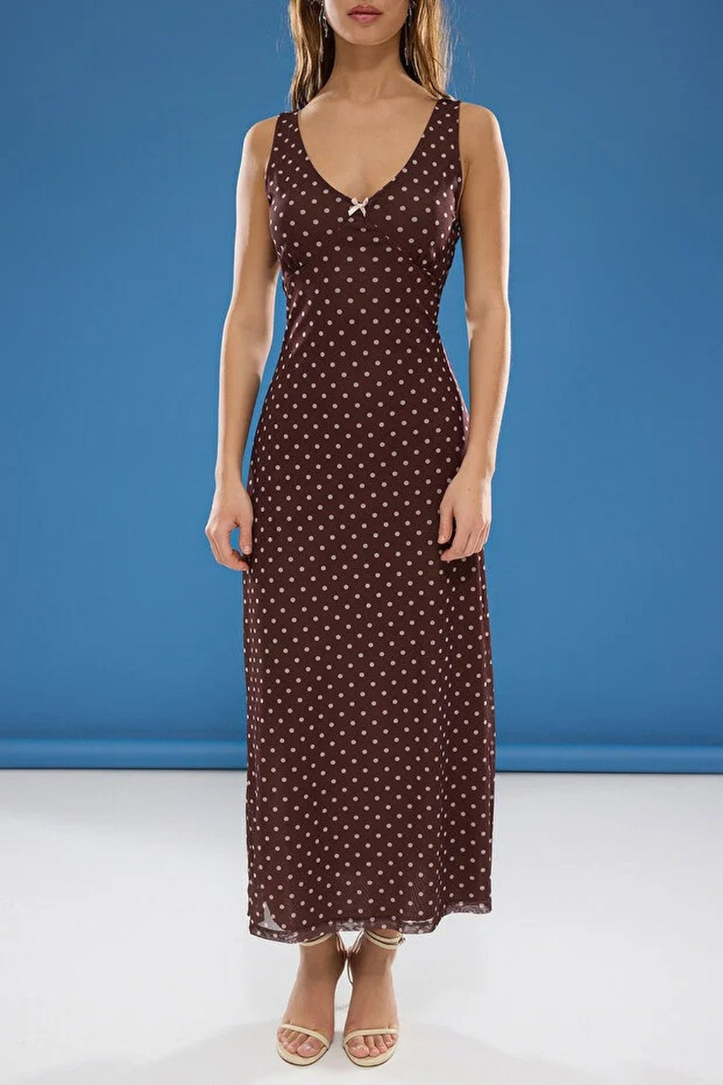 Polka Dot Maxi Tulle Stretch Knit Dress with Bow