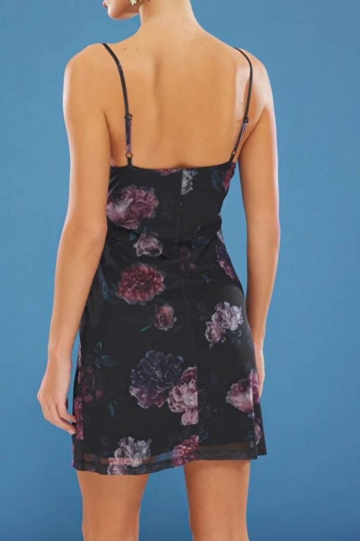 Strappy Floral Print Tulle V-Neck Skater Mini Knitted Dress