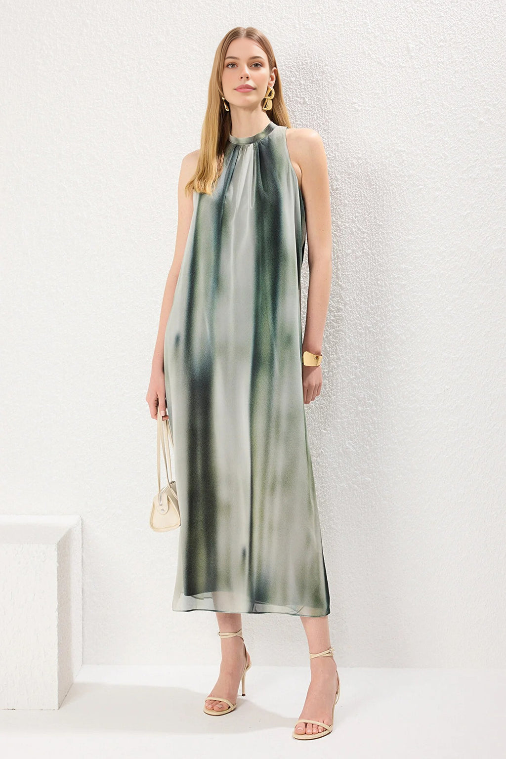 Abstract Patterned Straight Cut Maxi Woven Dress with Tie Detail