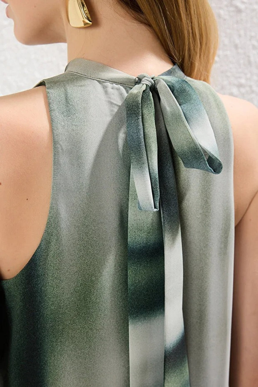Abstract Patterned Straight Cut Maxi Woven Dress with Tie Detail