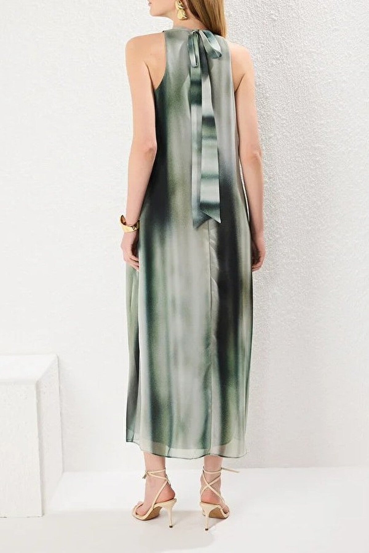 Abstract Patterned Straight Cut Maxi Woven Dress with Tie Detail