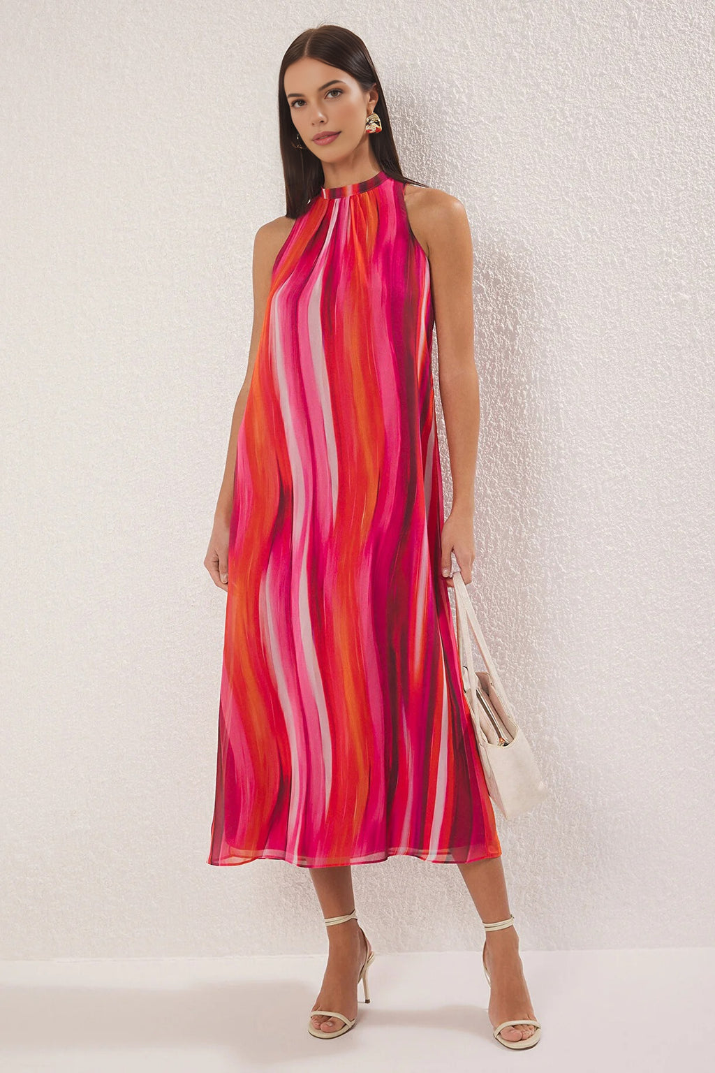 Abstract Patterned Straight Cut Maxi Woven Dress with Tie Detail