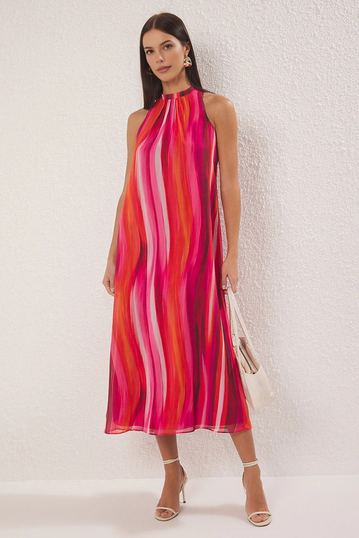 Abstract Patterned Straight Cut Maxi Woven Dress with Tie Detail