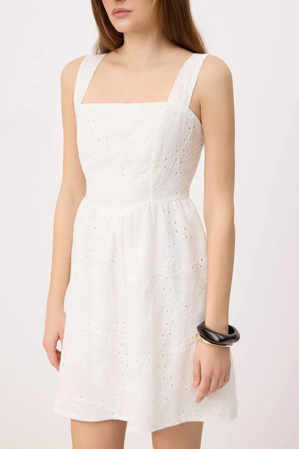 Square Neck Wide Strap Skater Mini Broderie Dress