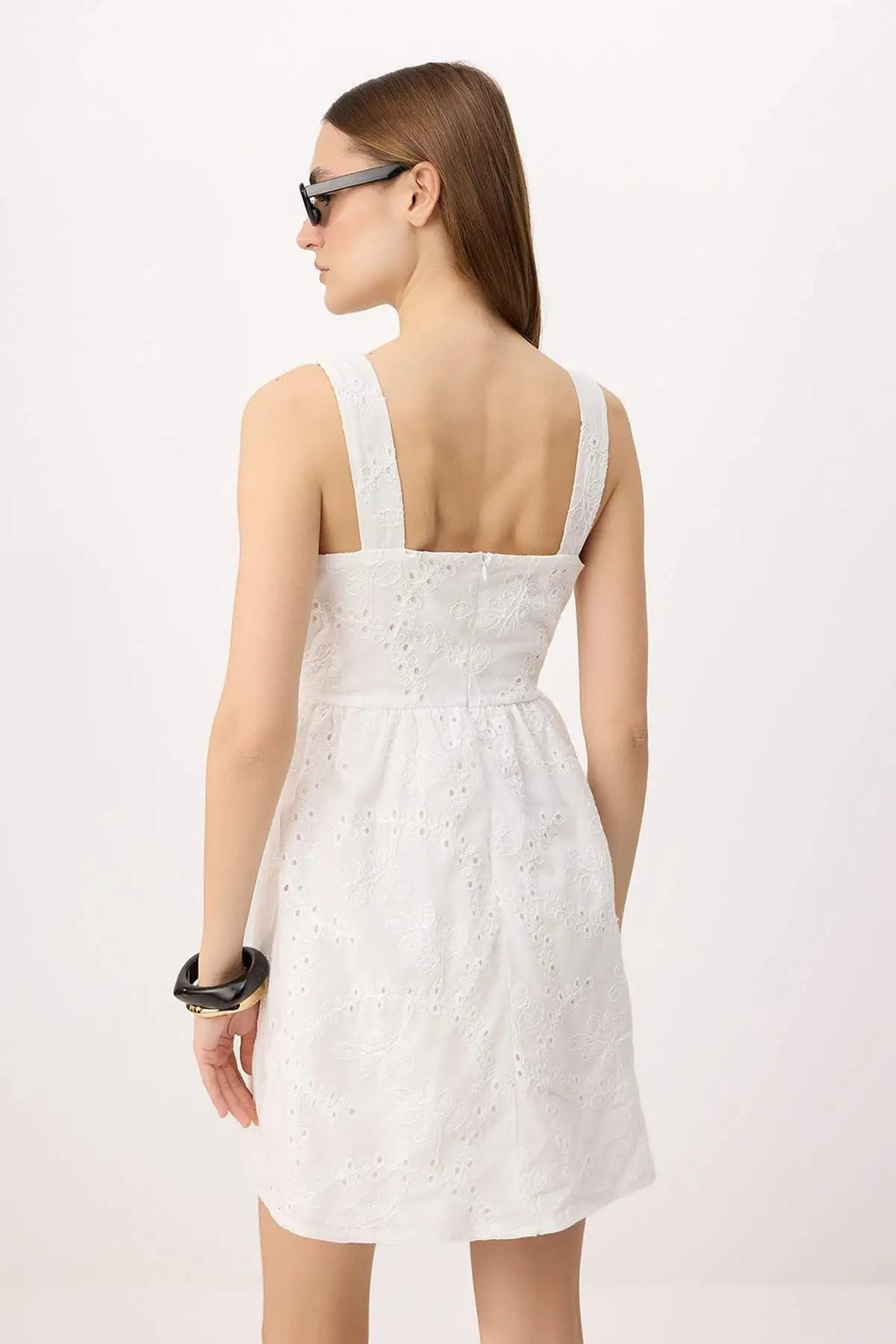 Square Neck Wide Strap Skater Mini Broderie Dress