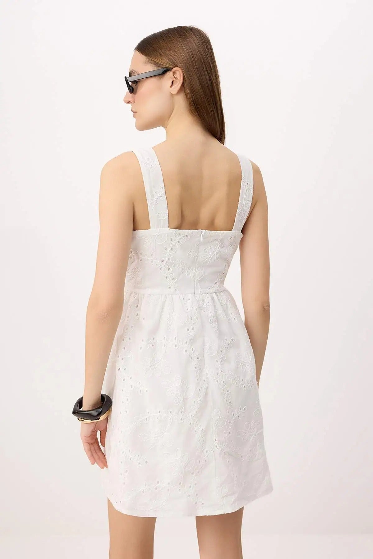 Square Neck Wide Strap Skater Mini Broderie Dress