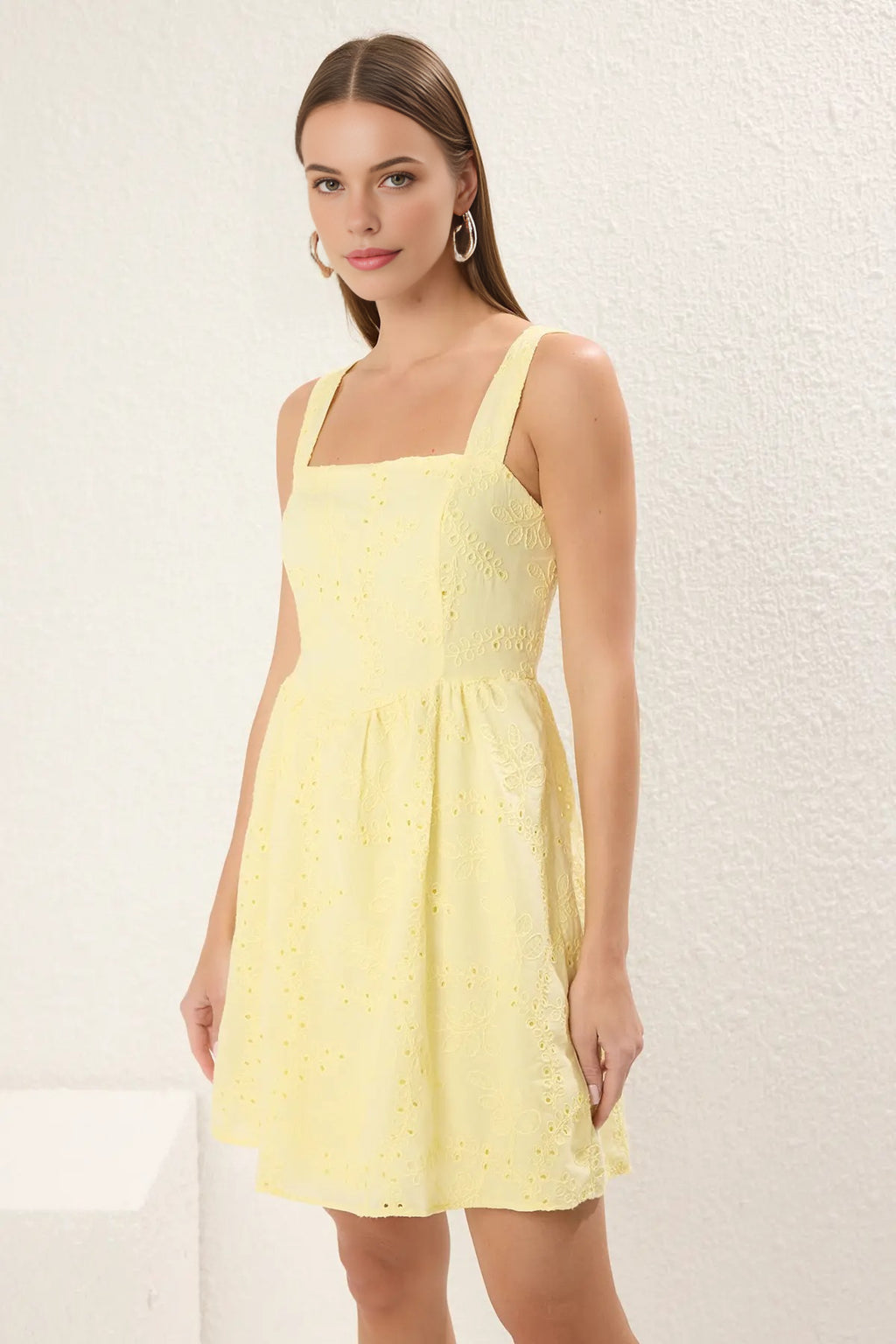 Square Neck Wide Strap Skater Mini Broderie Dress