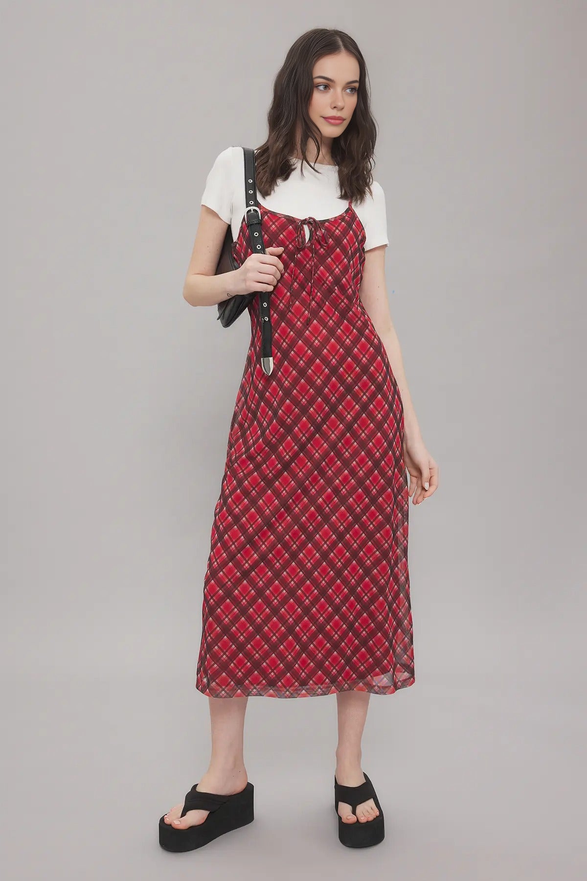 Tie Detail Plaid Tulle Maxi Stretch Knit Dress