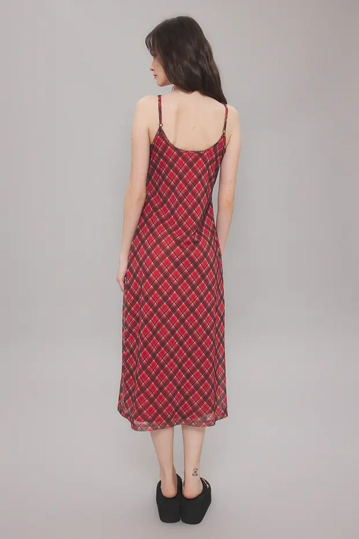 Tie Detail Plaid Tulle Maxi Stretch Knit Dress