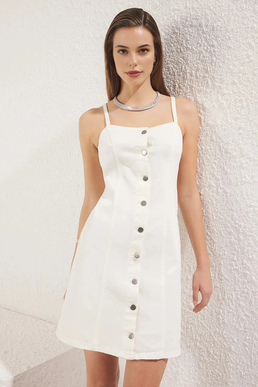 Buttoned Mini Denim Dress with Stitching Detail