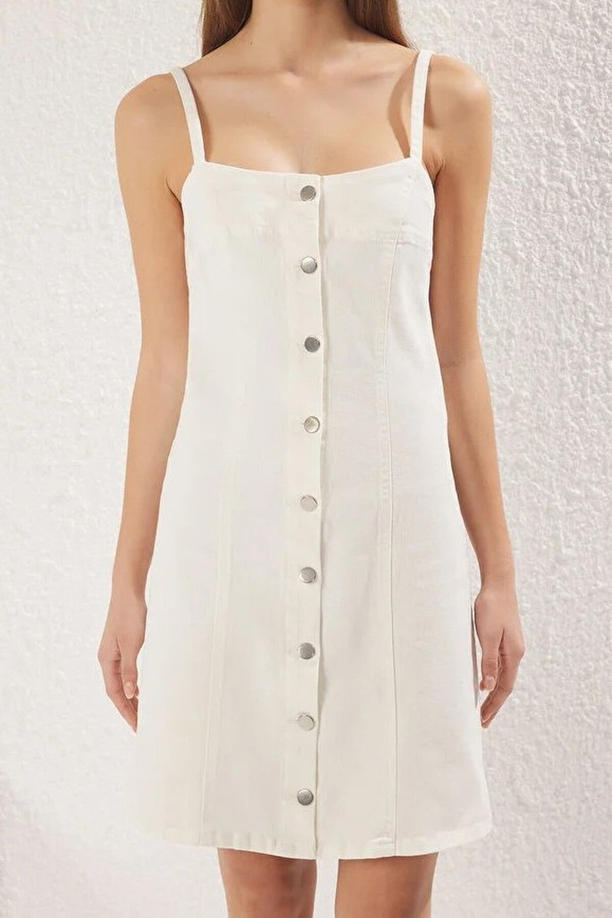 Buttoned Mini Denim Dress with Stitching Detail