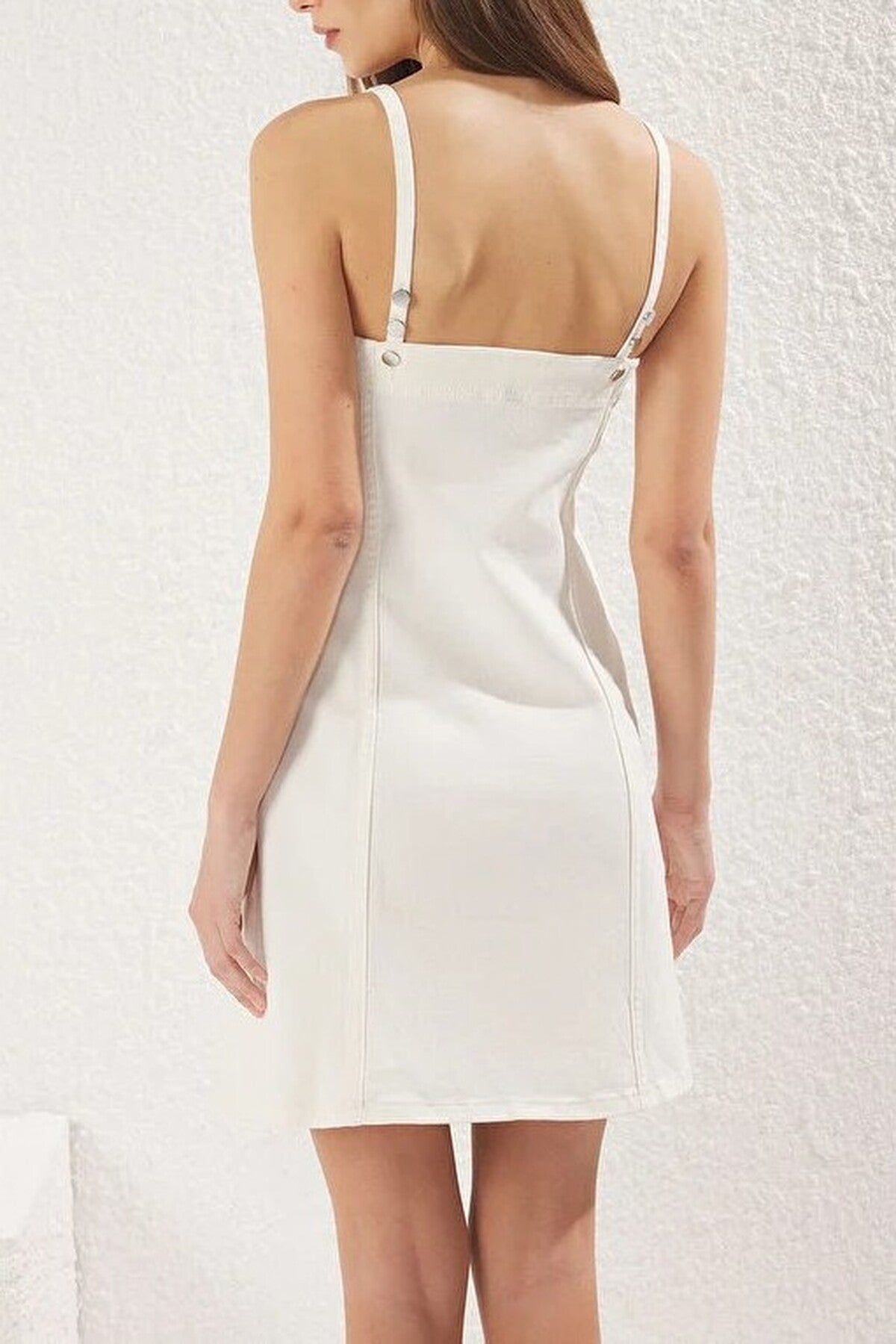 Buttoned Mini Denim Dress with Stitching Detail
