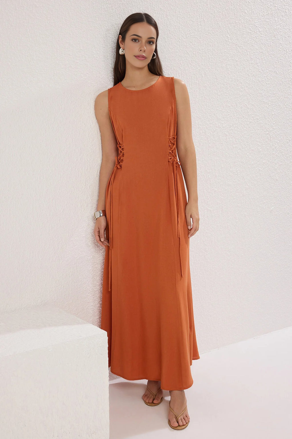 A-Line Eyelet Detail Sleeveless Maxi Dress