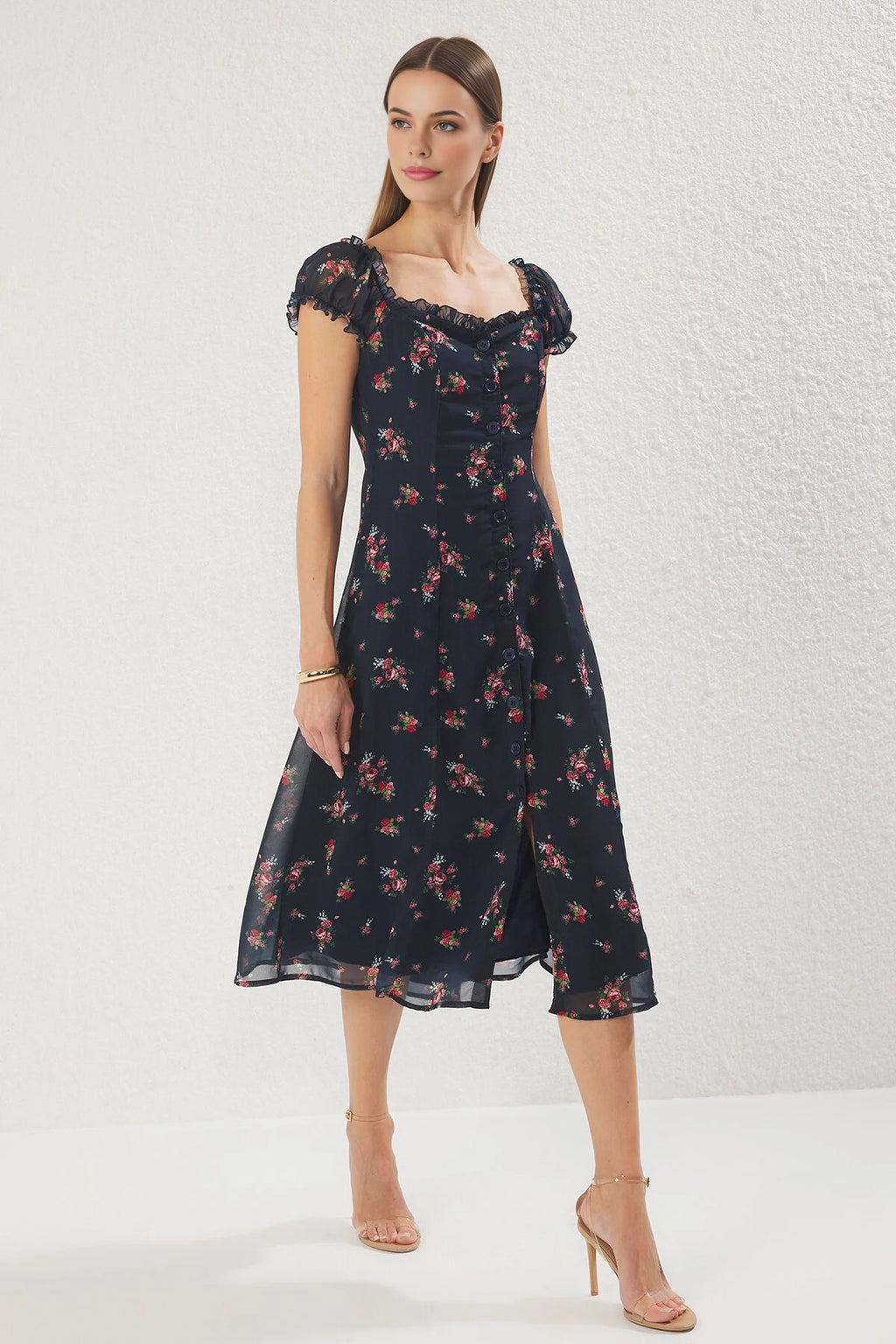 Floral Lined Chiffon Woven Midi Dress