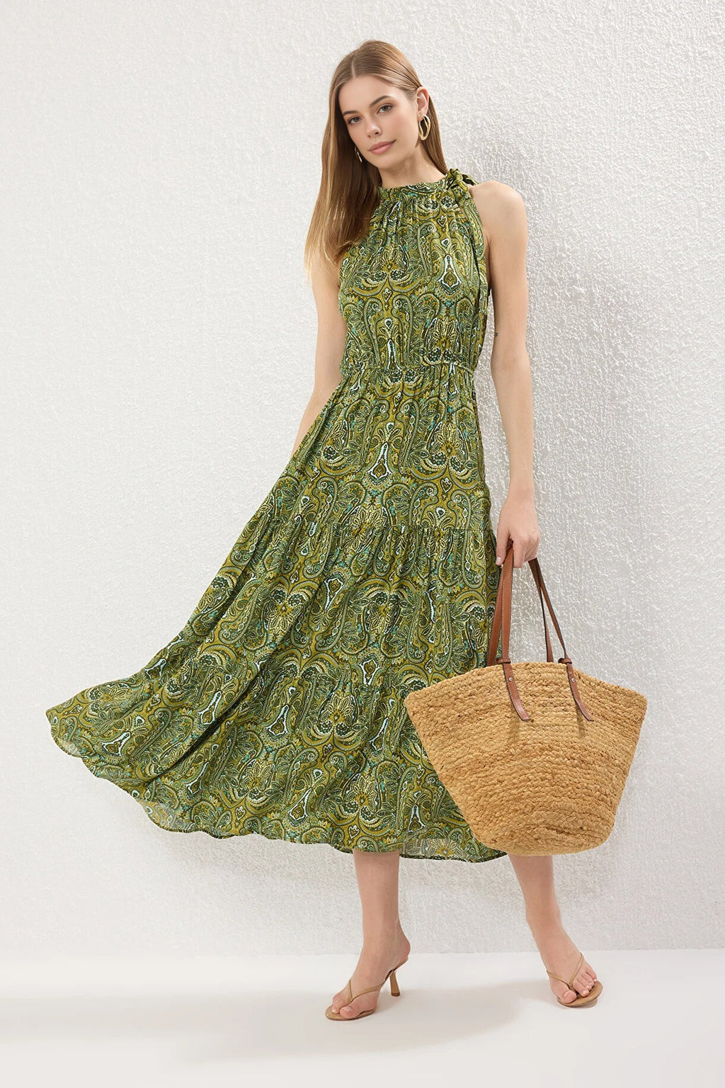 Halterneck Tie Neck Tiered Maxi Dress