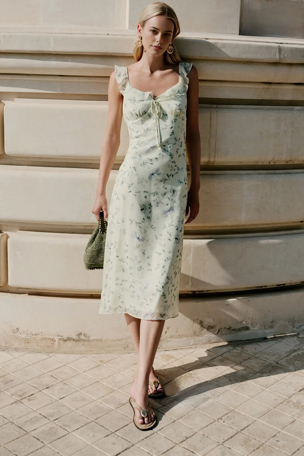 Floral Print A-Line Frill Detail Midi Dress