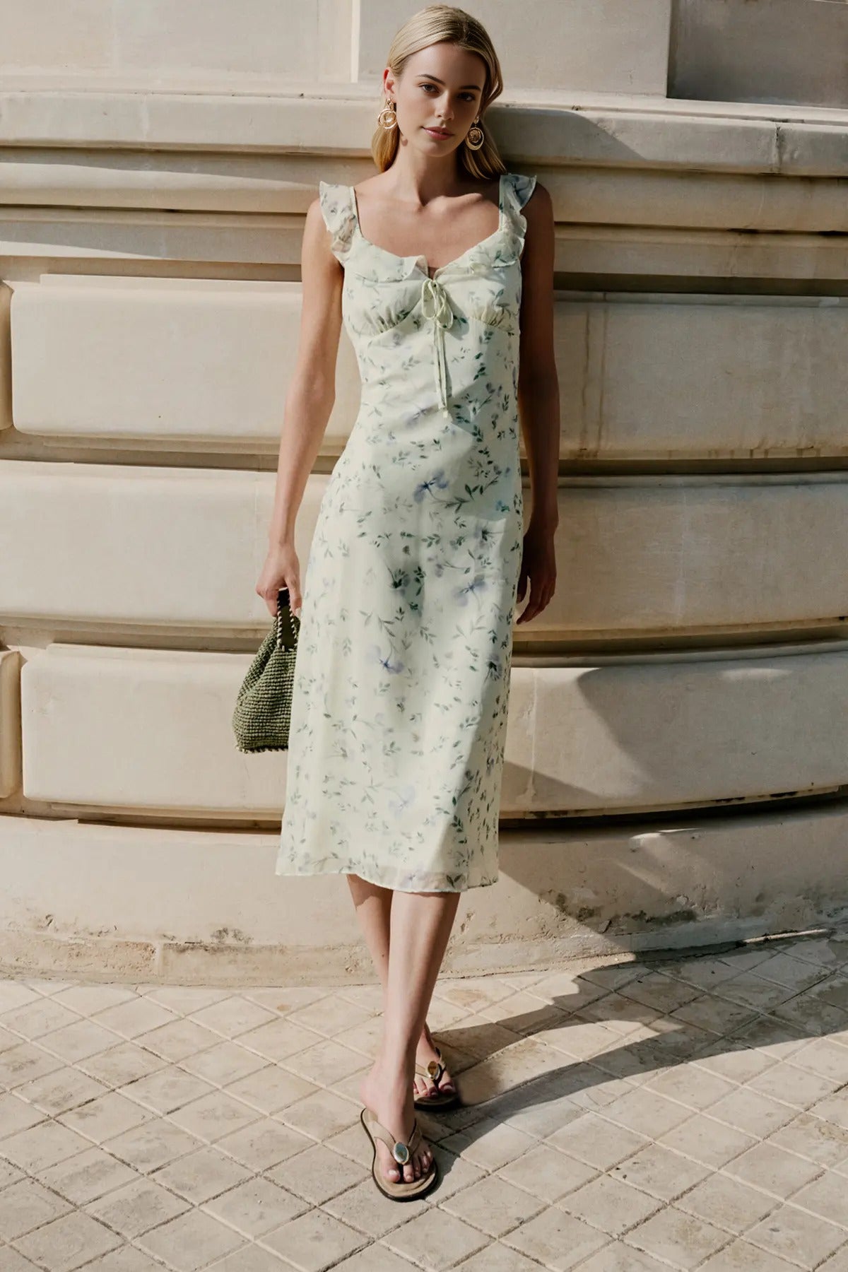 Floral Print A-Line Frill Detail Midi Dress